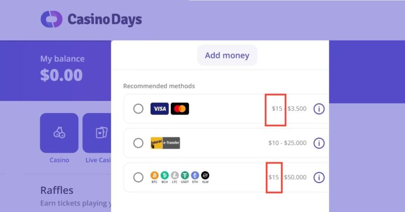 Payment methods with deposit higher than $10