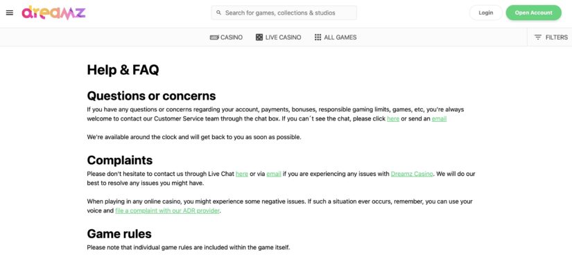 Dreamz casino help page
