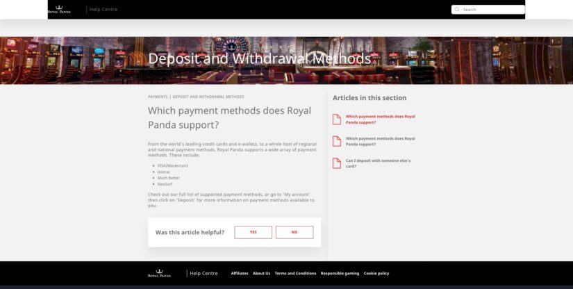 Payment methods available at Royal Panda Casino