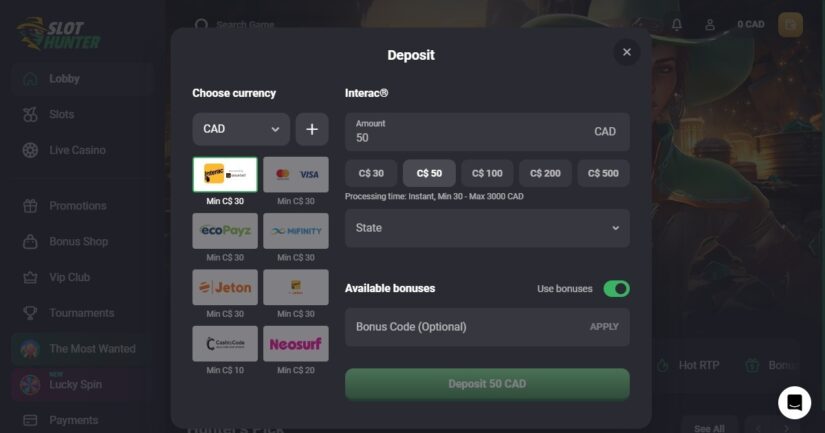 Payment methods at SlotHunter
