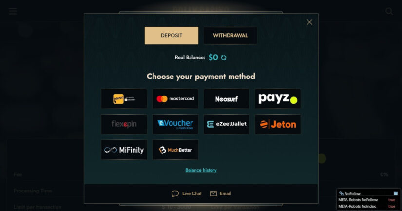 Payment methods available at Dolly Casino