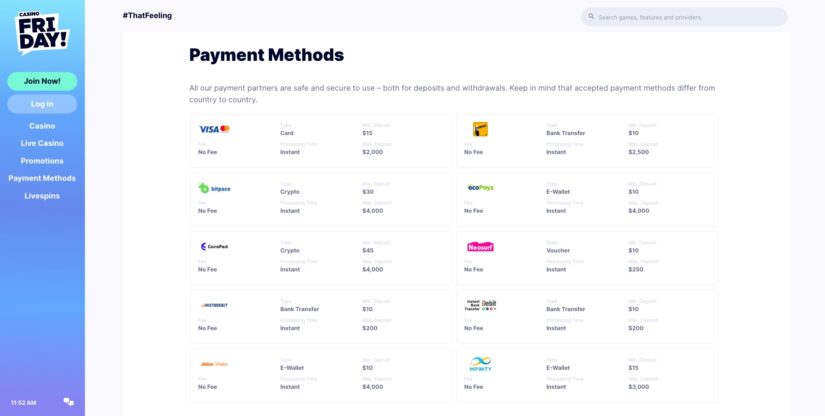 Payment methods at Casino Friday