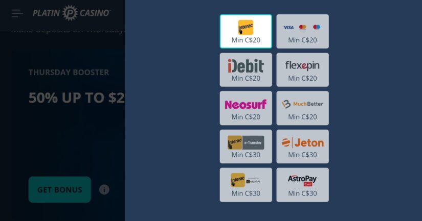 Payment methods at Platin Casino
