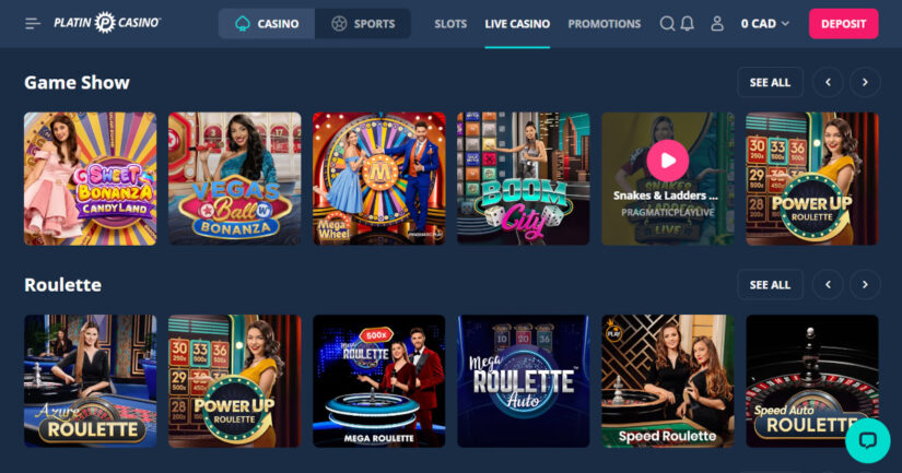 Live casino section at Platin Casino