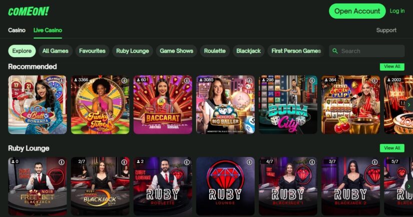 Live casino section at ComeOn Casino Ontario