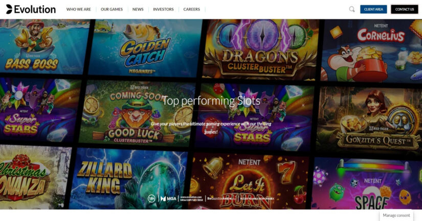 Homepage of slots provider Evolution Gaming