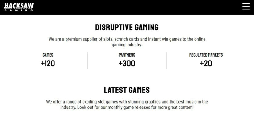 Homepage of software provider Hacksaw Gaming