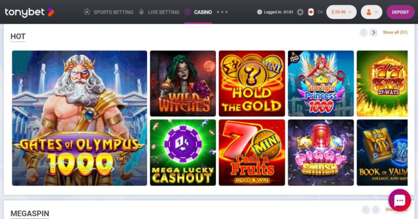 Games and slots at TonyBet Canada