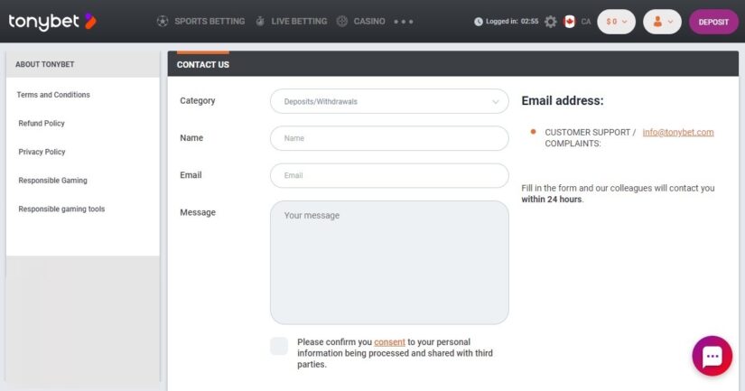 Customer support at TonyBet Canada