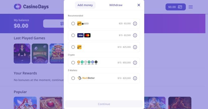 Payment methods at Casino Days