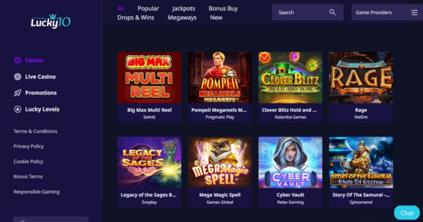 Games and slots at Lucky10 Casino