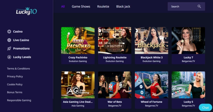 Live casino section at Lucky10 Casino