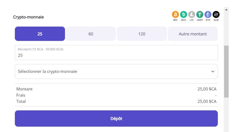 Exemple d'un depot de crypto chez Casino Days