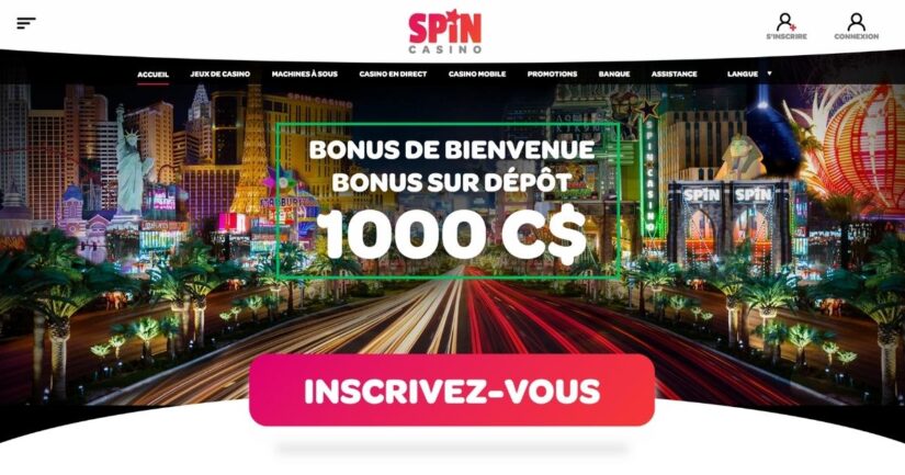 Page d'accueil avec bonus de bienvenue chez Spin Casino