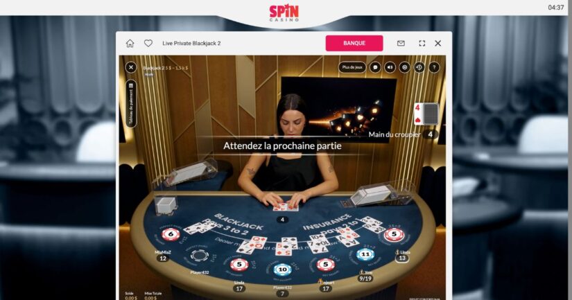 Casino en direct en blackjack avec croupier disponible sur Spin casino