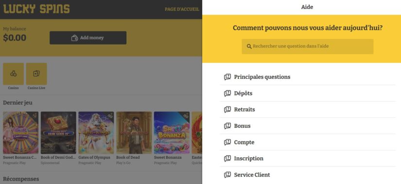Assistance client Lucky Spins casino