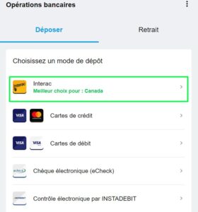 Choisir Interac comme mode de depot
