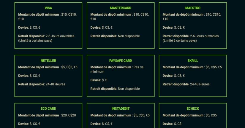 Méthodes de paiement du Gaming Club